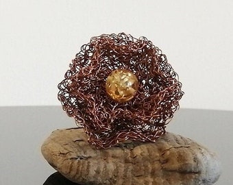 Amber ring wire crochet flower rings for women, gemstone unique rings, floral  nature ring