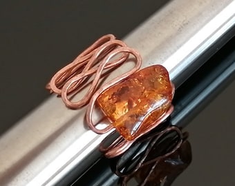 Amber ring avant garde rings adjustable copper ring gemstone hammered ring