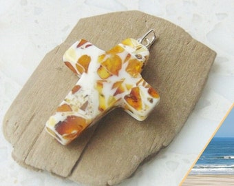 Amber cross religious pendant necklace, amber mosaic cross, religious jewelry