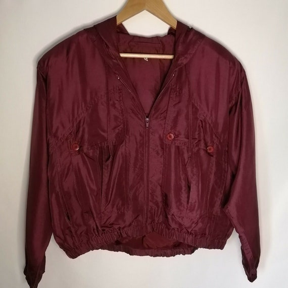 Vintage Red Burgundy 100% Silk Bomber Jacket UK 1… - image 7