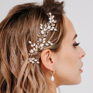 Gold Wedding Hair Vine, Freshwater Pearl Crystal Bridal Hairpiece