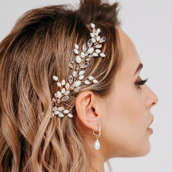 Tralcio per capelli da sposa in oro, accessori per capelli da sposa, pezzo di capelli di perle d'acqua dolce, fermaglio per capelli di cristallo per la sposa, diadema di diamanti con strass