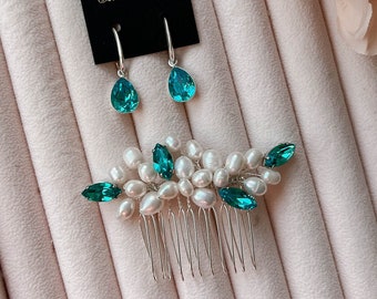Wedding jewelry set, Bridal Hair comb, Bridal earrings, Swarovski Crystal earrings, Freshwater pearl hair clip, Turquoise crystal hair piece