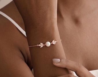 Dainty Minimalist Rose Gold Bracelet, Diamond Leaf Bridal Wedding Crystal Tennis Bracelet for Bride, Gift for Her, Bridesmaid bracelet