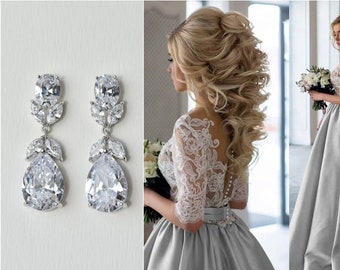 Wedding Earrings Silver, Bridal drop earrings, bridesmaid teardrop earrings, Cubic Zirconia dangle earrings