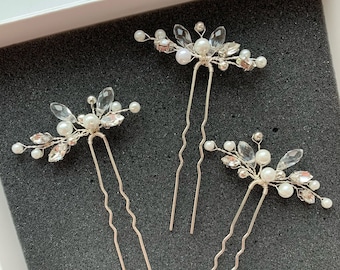 Crystal Pearl Bridal Hair Pins, Silver Wedding Hair Piece, Set of 3
