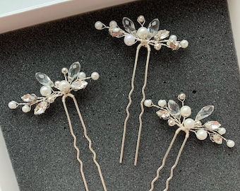 Bridal Hair Pins set of 3, Crystal Wedding hair accessories, Pearl hair clips, Wedding hair piece Silver