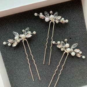 Braut Haarnadeln 3er Set, Kristall Hochzeit Haarschmuck, Perlen Haarspange, Hochzeit Haarschmuck Silber Bild 1