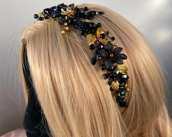Black and Gold Rhinestone Floral Headband Shop 1920s Headpieces - Black Feather Rhinestone Headband  main image 3