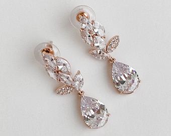 Rose Gold Bridal Earrings drop, statement wedding earrings for brides, wedding earrings, Crystal wedding jewellery,gold plated drop earrings