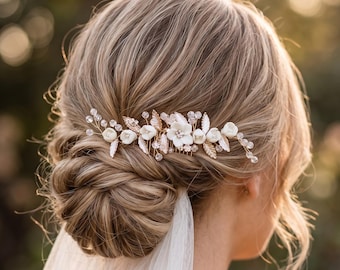 Peineta nupcial dorada, tocado clásico de cristal para novia, tocado floral boho de arcilla polimérica