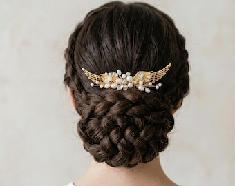 Bridal hair comb golden wings, magical wedding hair piece crystal