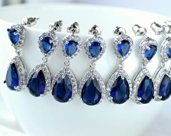 Bridesmaid earrings Set of 5 Wedding jewelry Cubic Zirconia Blue Crystal drop earrings Bridesmaid gift