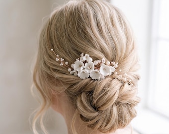 Peineta nupcial floral de arcilla polimérica color oro rosa, tocado clásico de cristal para la novia.