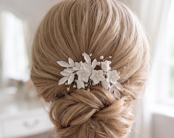 Polymer clay floral Bridal hair comb silver, classic crystal wedding hair piece for Bride