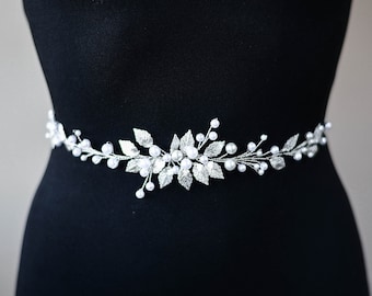 Bridal Belt, Wedding Sash, Crystal Pearl Bridal belt, Pearl Vine, Rhinestone Belt, Silver Leaves