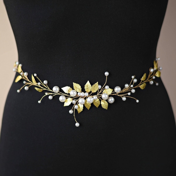 Bridal Belt, Wedding Sash, Crystal Pearl Bridal belt, Pearl Vine, Rhinestone Belt, Golden Leaves, Hair Accessory