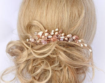 Rose Gold Bridal Hair Vine, Pearl & Rhinestone Hair Clip
