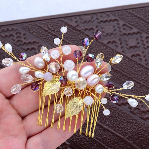 Wedding Hair Comb Gold, Bridal Hair piece, Pearl Hair Comb, hair clip wedding, golden leaves hair piece