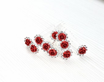 Épingle à cheveux de mariée Rose rouge, petite épingle à cheveux de mariage, barrette à cheveux de mariée rouge, épingle à cheveux en cristal, accessoires de cheveux de mariage, épingle à cheveux strass