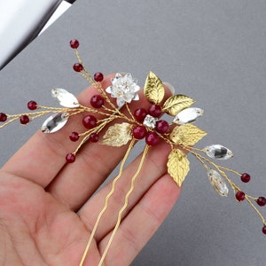 Bridal Hair Pin, Golden Leaves, Red Ruby, Crystal Hair Piece