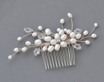 Bridal Hair Comb, Freshwater Pearls, Crystal, Silver Wedding Hairpiece