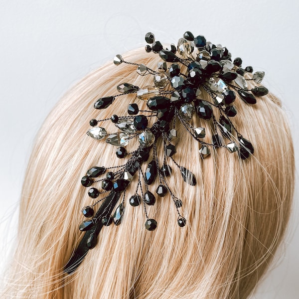 Wedding Black Headband Bridal hair Accessories beaded head piece crystals tiara Great Gatsby