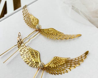 Braut Haarnadel gold, Zauberin zauberhafte Hochzeit goldene Flügel, Fee Haarspange für Braut