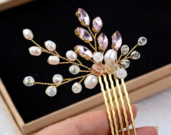 Wedding Hair Pin Gold, Bridal hair Pin, wedding hair accessories, hair comb gold, hair pin pink, bridal hair piece,