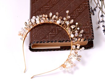 Corona para el pelo de boda, accesorios para el cabello de novia dorados, pieza de pelo de cristal, diadema nupcial, Tiara de diamantes