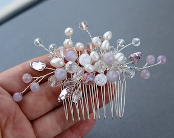 Peigne à cheveux de mariage violet lavande, accessoires de cheveux de mariée, petit morceau de cheveux en pierre d'améthyste, peigne à cheveux en cristal classique