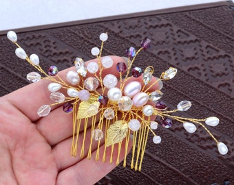 Wedding Hair Comb Gold, Bridal Hair piece, Pearl Hair Comb, hair clip wedding, golden leaves hair piece