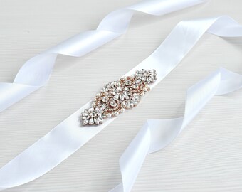 Gatsby wedding sash, Bridal belt, rhinestone belt, white wedding belt with crystals, bridal belt rose gold