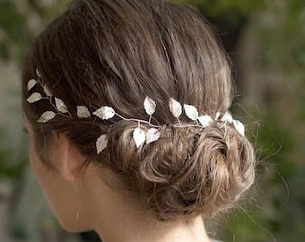 Liane de cheveux de mariage feuille d'argent, diadème grec de vigne de cheveux de feuille d'or, couronne de casque de feuille bandeau de mariée, morceau de cheveux, liane de cheveux longs