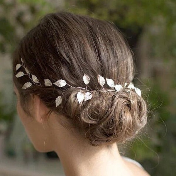 Silver Leaf Wedding Hair Vine, Gold Leaf Hair Vine Greek tiara, Leaf headpiece crown Bridal headband, Hair piece, Long hair vine