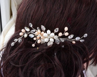 Wedding hair comb blush, Bridal hair comb pearl, crystal hair comb, rhinestone hair comb, wedding hair clip, pearl hair accessory