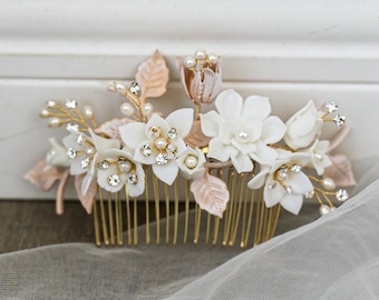 Bridal hair comb gold, floral wedding hair accessories, crystal rhinestone hair piece, prom hair jewelry, bridal hair clip boho