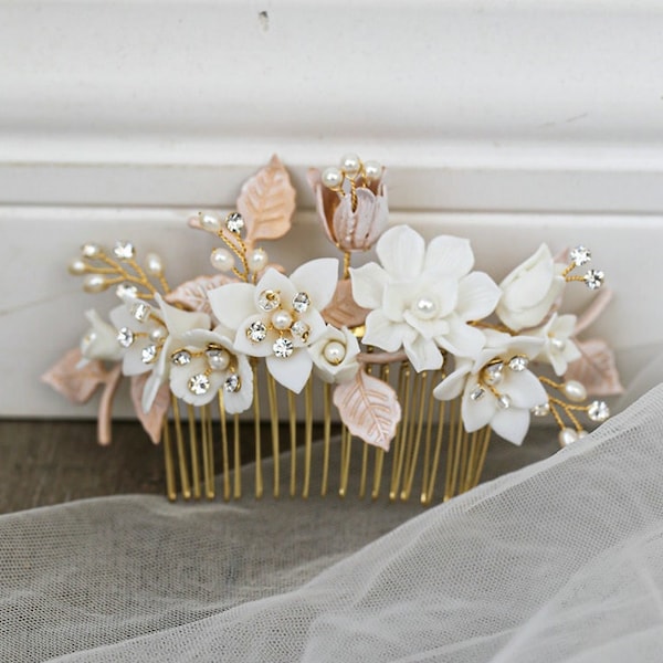 Bridal hair comb gold, floral wedding hair accessories, crystal rhinestone hair piece, prom hair jewelry, bridal hair clip boho