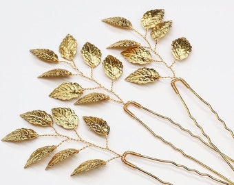 Golden Leaf hair pins, Bridal wedding hair pins, gold hair accessory, Bridal hair piece, minimalist hair pin