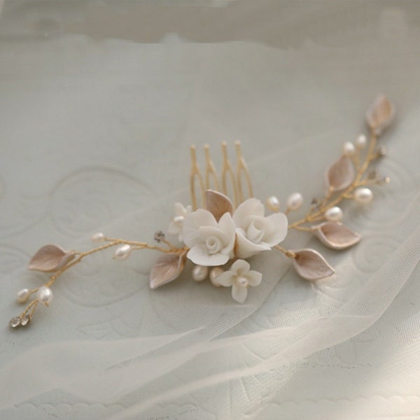 Rose Gold Bridal hair comb, floral wedding hair accessories, crystal rhinestone hair piece, prom hair jewelry, bridal hair clip boho