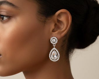 Diamond dainty Bridal teardrop earrings, wedding silver jewelry, Bridesmaid gift