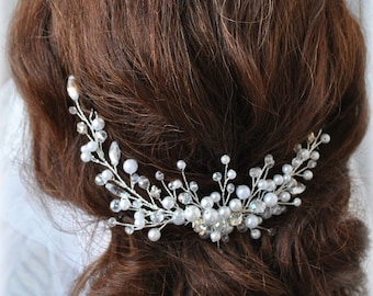 Bridal hair comb, Wedding pearl accessories, pearl hair clip for Bride, Large crystal hair piece, rhinestone headpiece