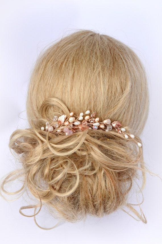 Rose Gold Bridal Hair Vine, Pearl & Rhinestone Hair Clip - Etsy display picture 2