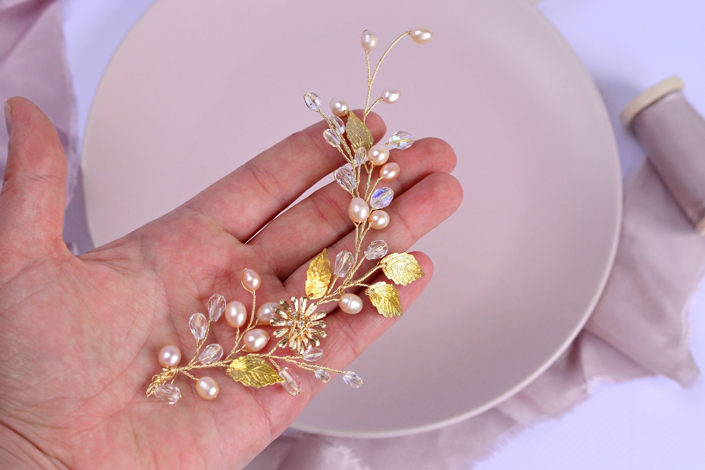 Vintage Gold Tone Bridal Hair Crown Vine Clips & Earring