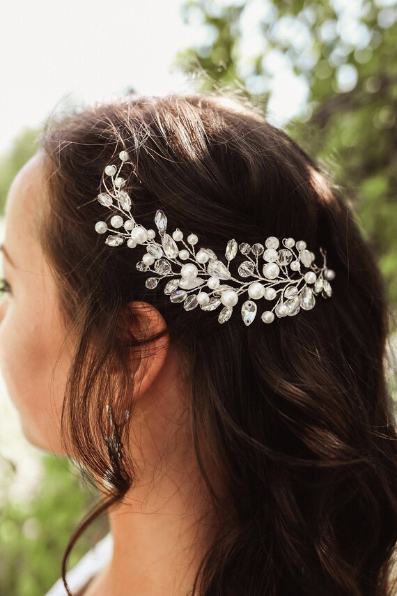 Crystal Pearl Wedding Hair Vine - Rhinestone Bridal Hair  display picture 3