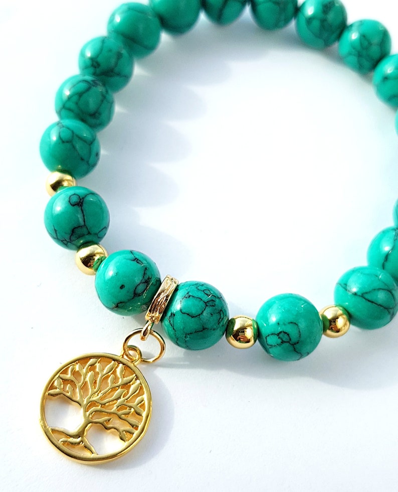 Natural beaded bracelet Howlite beads Life Tree gold plated jewelry gold findings Birthday Gift