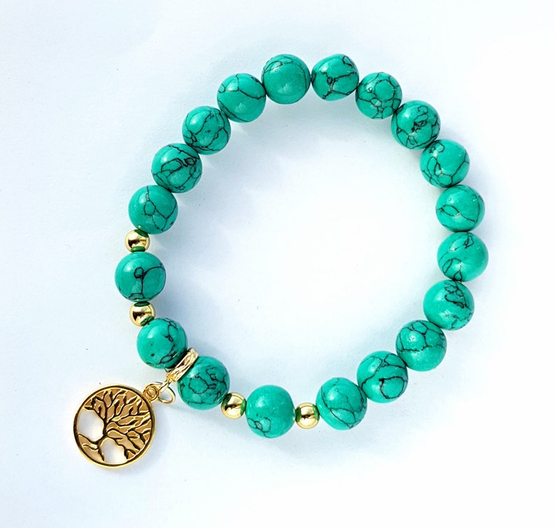 Natural beaded bracelet Howlite beads Life Tree gold plated jewelry gold findings Birthday Gift
