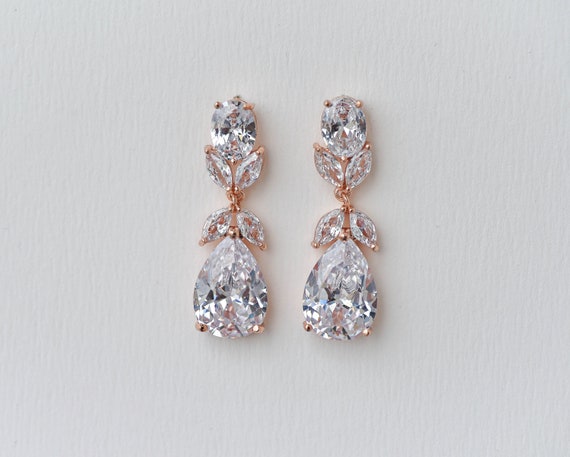Bridal Earrings Rose Gold Wedding Drop Dangle Crystal Earrings | Etsy
