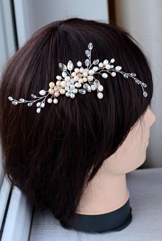 Handmade Wedding Hair Comb, Blush Pearls, Rhinestone Bridal 