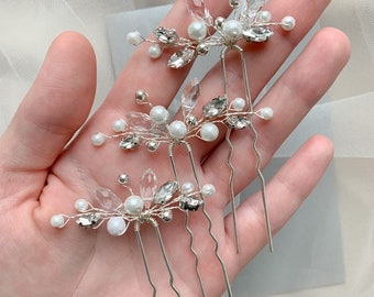 Crystal Pearl Bridal Hair Pins, Silver Wedding Hair Piece  display picture 3